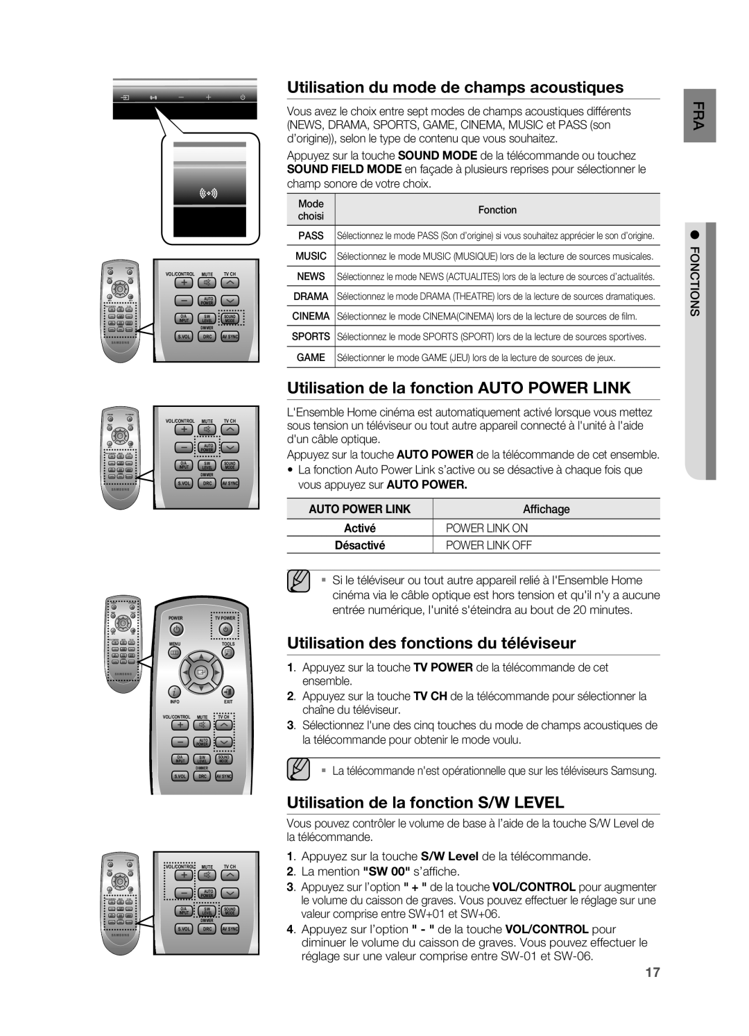 Samsung HW-C470/XEF manual Utilisation du mode de champs acoustiques, Utilisation de la fonction Auto Power Link 