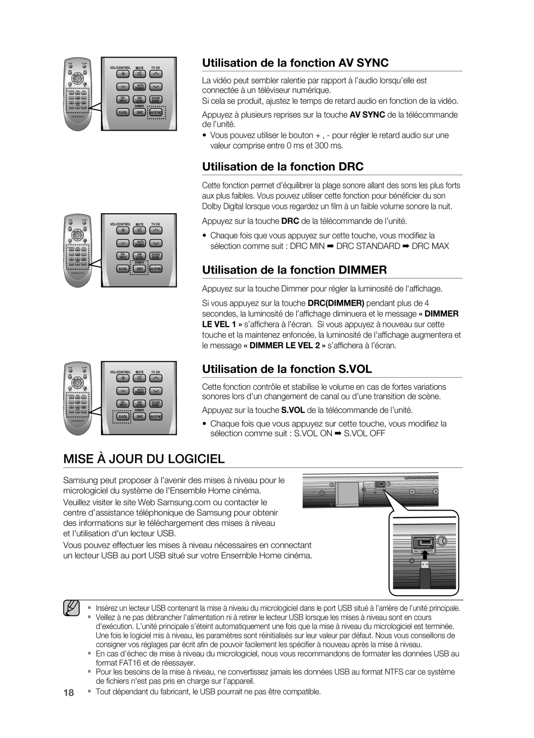 Samsung HW-C470/XEF manual Mise À Jour DU Logiciel, Utilisation de la fonction AV Sync, Utilisation de la fonction DRC 