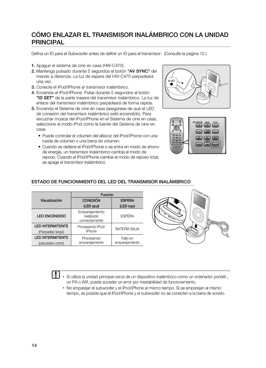 Samsung HW-C470/XEF manual Estado DE FUNCiONMiENTO DEL LED DEL TrANSMiSOr iNALÁMBriCO, Auto 