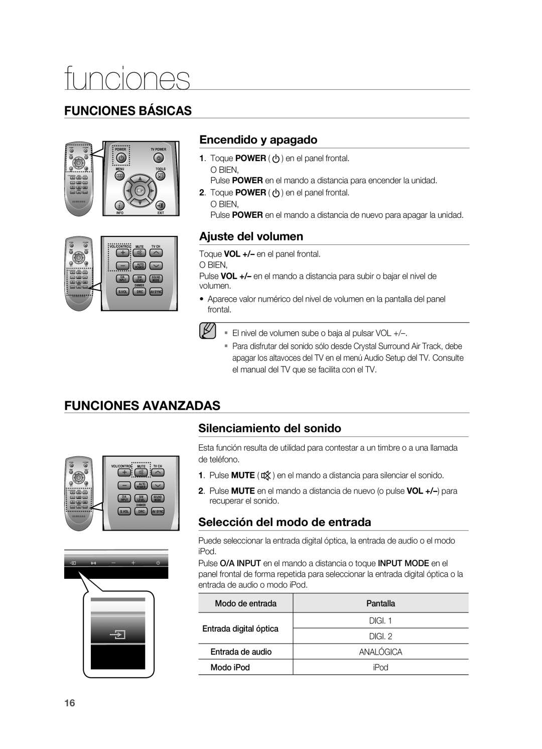 Samsung HW-C470/XEF manual Funciones, Encendido y apagado, Ajuste del volumen, Silenciamiento del sonido 