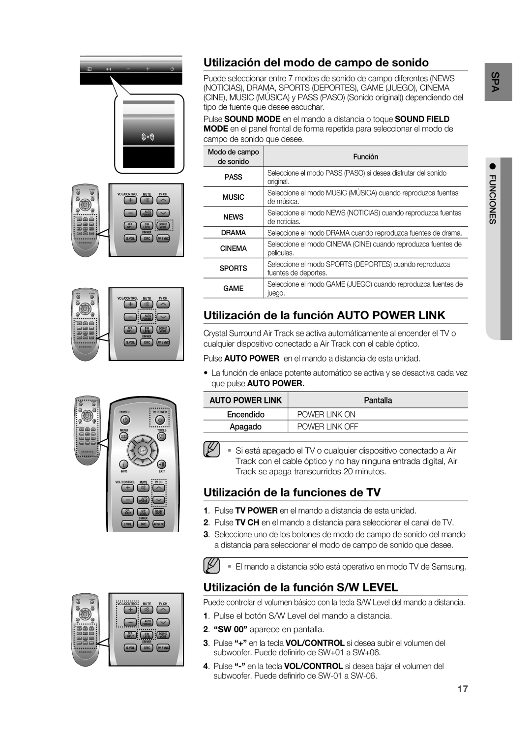 Samsung HW-C470/XEF manual Utilización del modo de campo de sonido, Utilización de la función Auto Power Link 