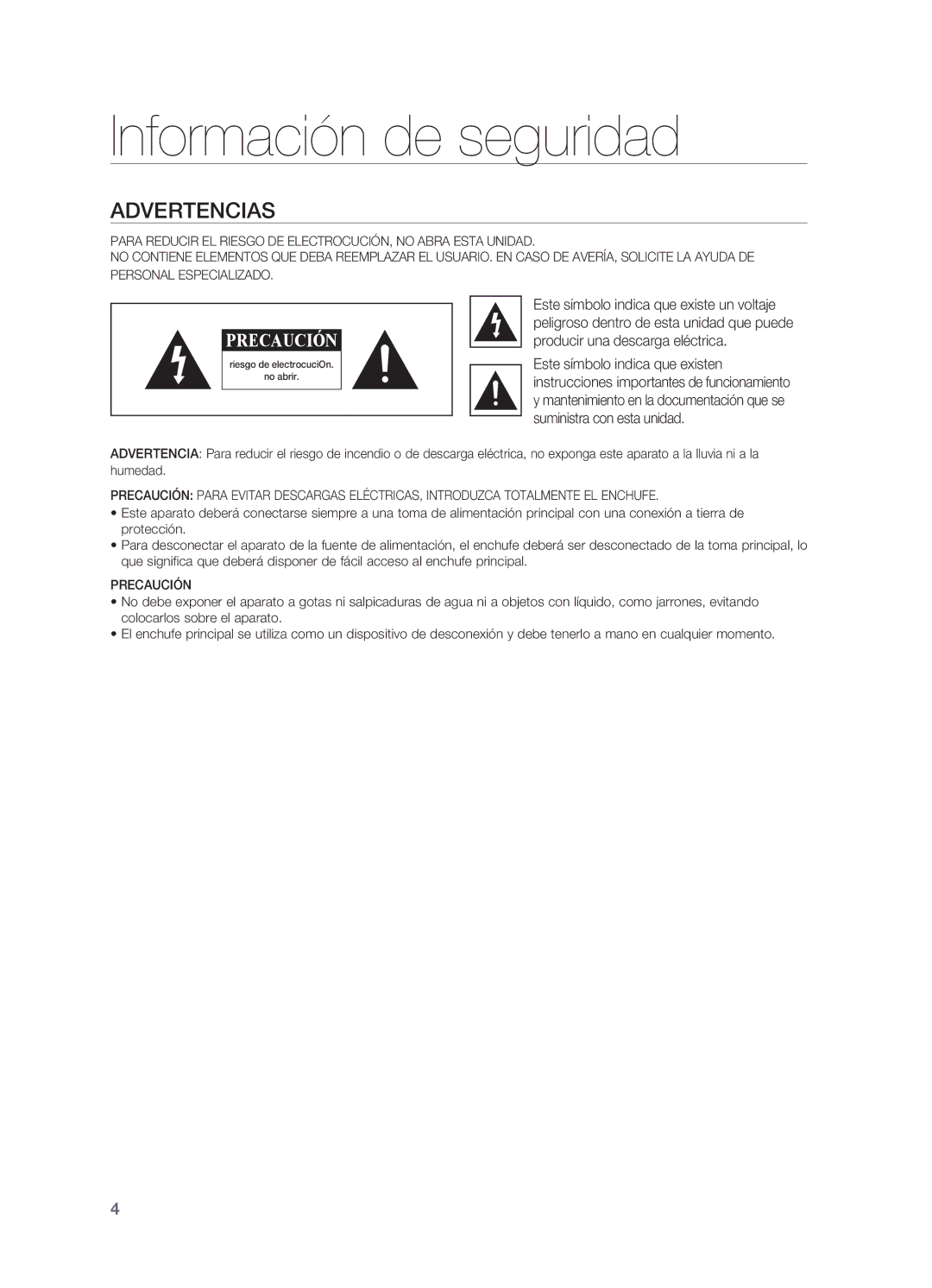 Samsung HW-C470/XEF manual Información de seguridad, Advertencias 