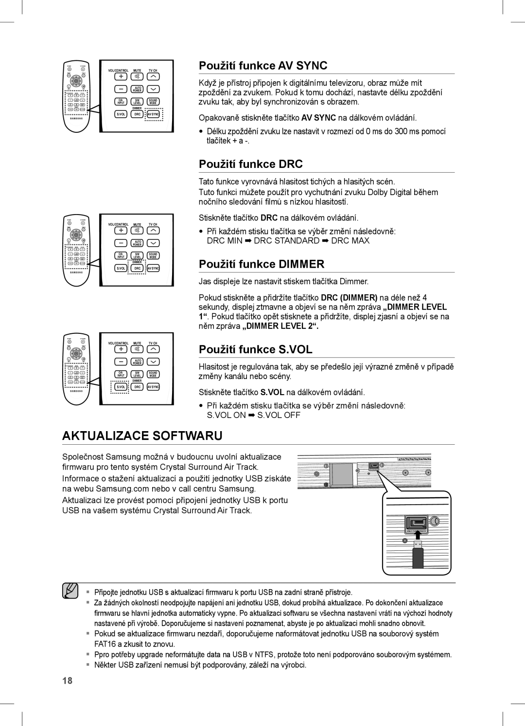 Samsung HW-C470/XEF manual Aktualizace Softwaru, Použití funkce AV Sync, Použití funkce DRC, Použití funkce Dimmer 