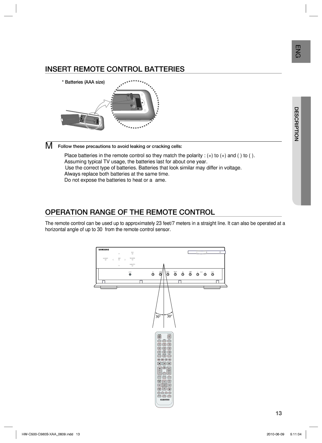 Samsung HW-C560S, HW-C500 user manual Insert Remote Control Batteries, Operation Range of the Remote Control 