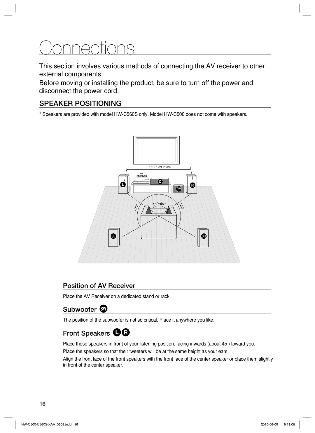 Samsung HW-C500, HW-C560S user manual Connections, Speaker Positioning, Position of AV Receiver, Subwoofer, Front Speakers 