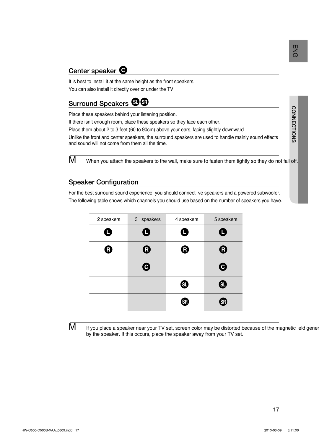 Samsung HW-C560S, HW-C500 user manual Center speaker, Surround Speakers, Speaker Conﬁguration, Connections 