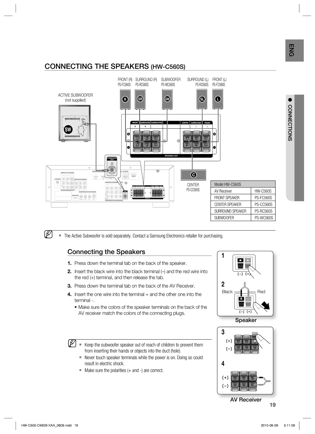 Samsung HW-C500 user manual Connecting the Speakers HW-C560S 