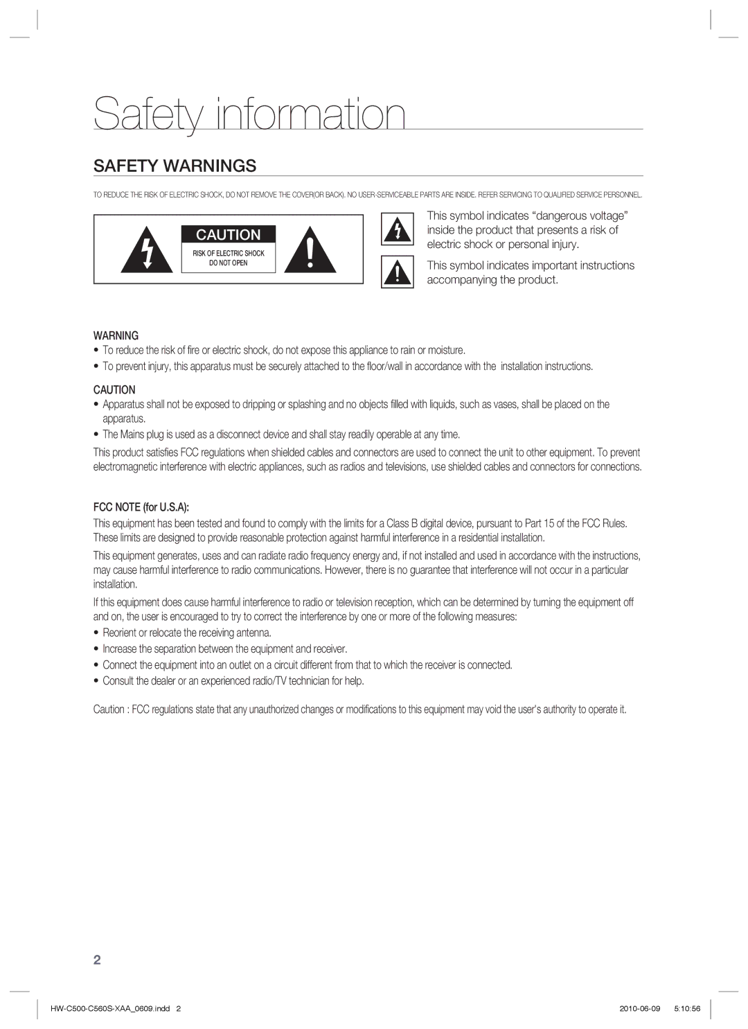 Samsung HW-C500, HW-C560S user manual Safety information, Safety Warnings, FCC Note for U.S.A 