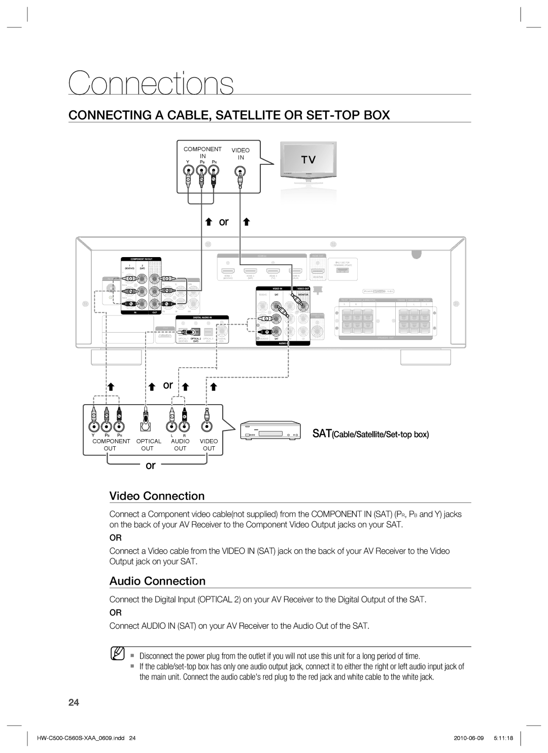 Samsung HW-C500, HW-C560S user manual Connecting a CABLE, Satellite or SET-TOP BOX, SATCable/Satellite/Set-top box 