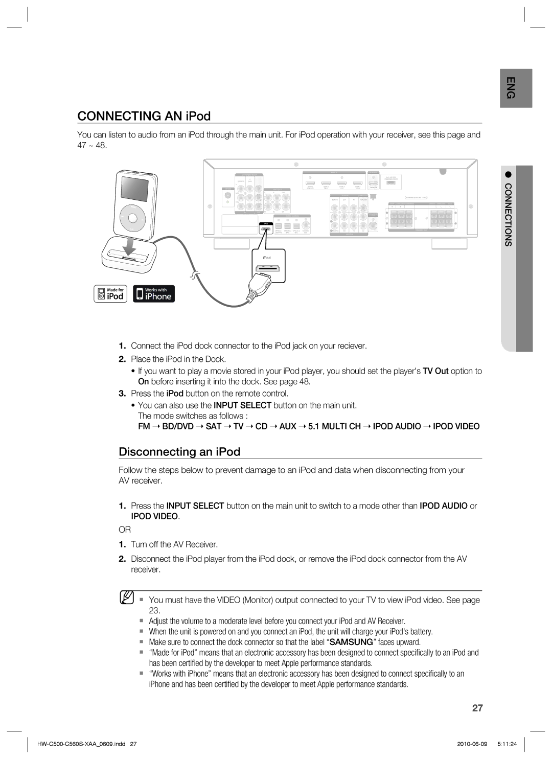 Samsung HW-C560S, HW-C500 user manual Disconnecting an iPod, FM BD/DVD SAT TV CD AUX 5.1 Multi CH Ipod Audio Ipod Video 