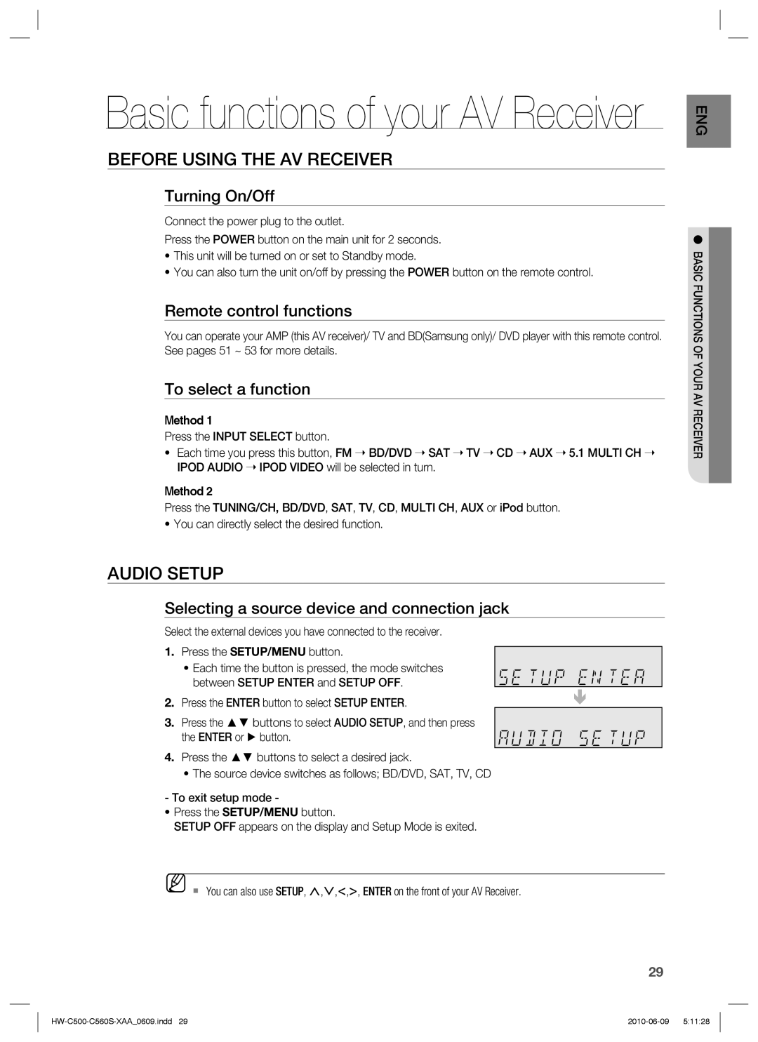 Samsung HW-C560S, HW-C500 user manual Before Using the AV Receiver, Audio Setup 