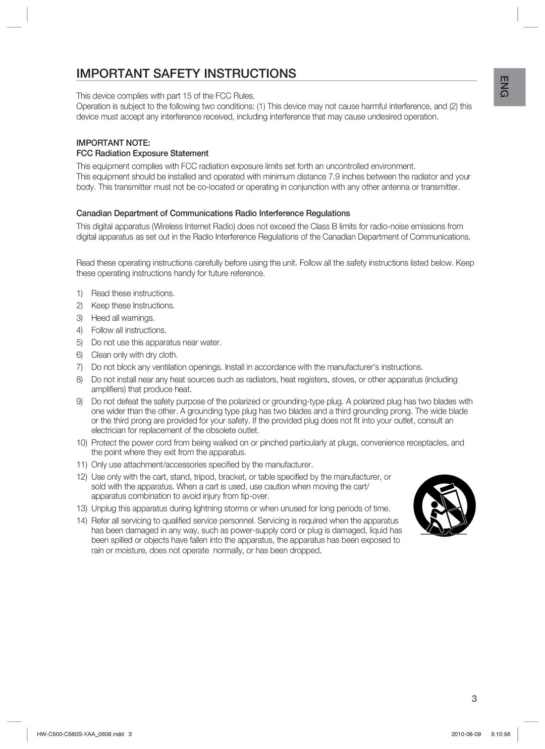 Samsung HW-C560S Important Safety Instructions, This device complies with part 15 of the FCC Rules, Important Note 