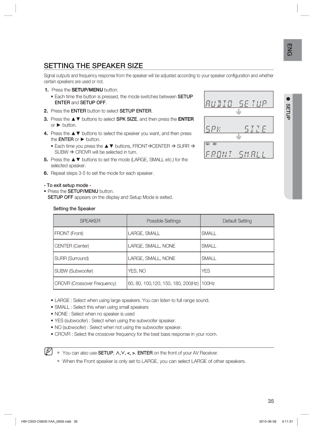 Samsung HW-C560S, HW-C500 user manual Setting the Speaker Size, LARGE, Small, LARGE, SMALL, None Small, YES, no 