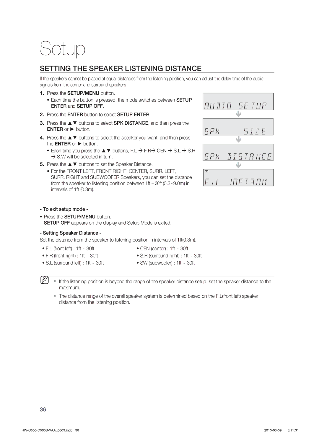 Samsung HW-C500, HW-C560S user manual Setting the Speaker Listening Distance 