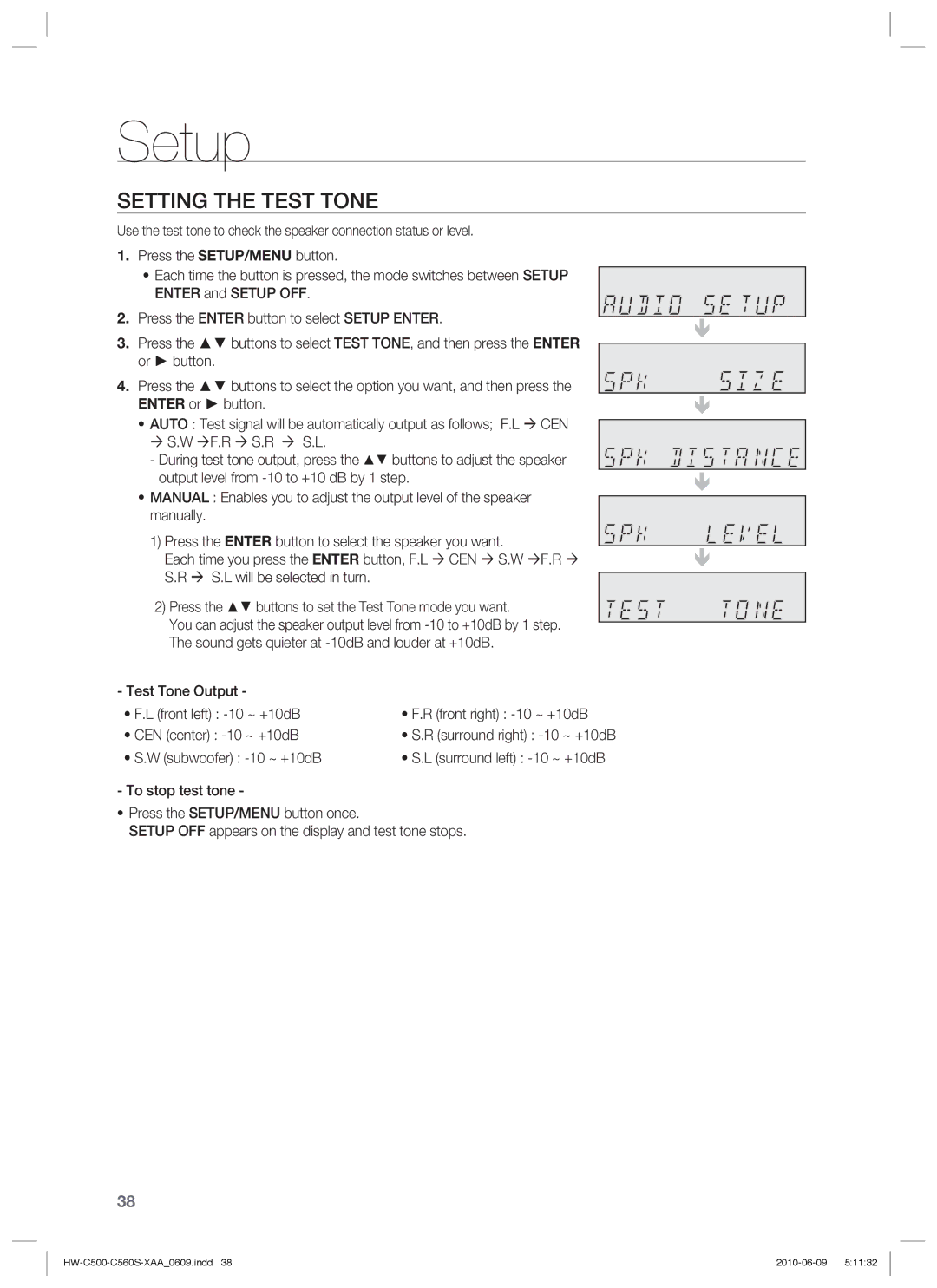 Samsung HW-C500, HW-C560S user manual Setting the Test Tone, W Æf.R Æ S.R Æ S.L 