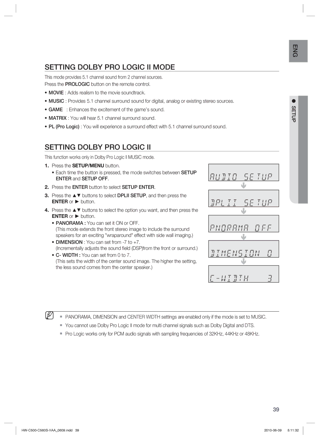 Samsung HW-C560S Setting Dolby PRO Logic II Mode, Dimension You can set from -7 to +7, Width You can set from 0 to 