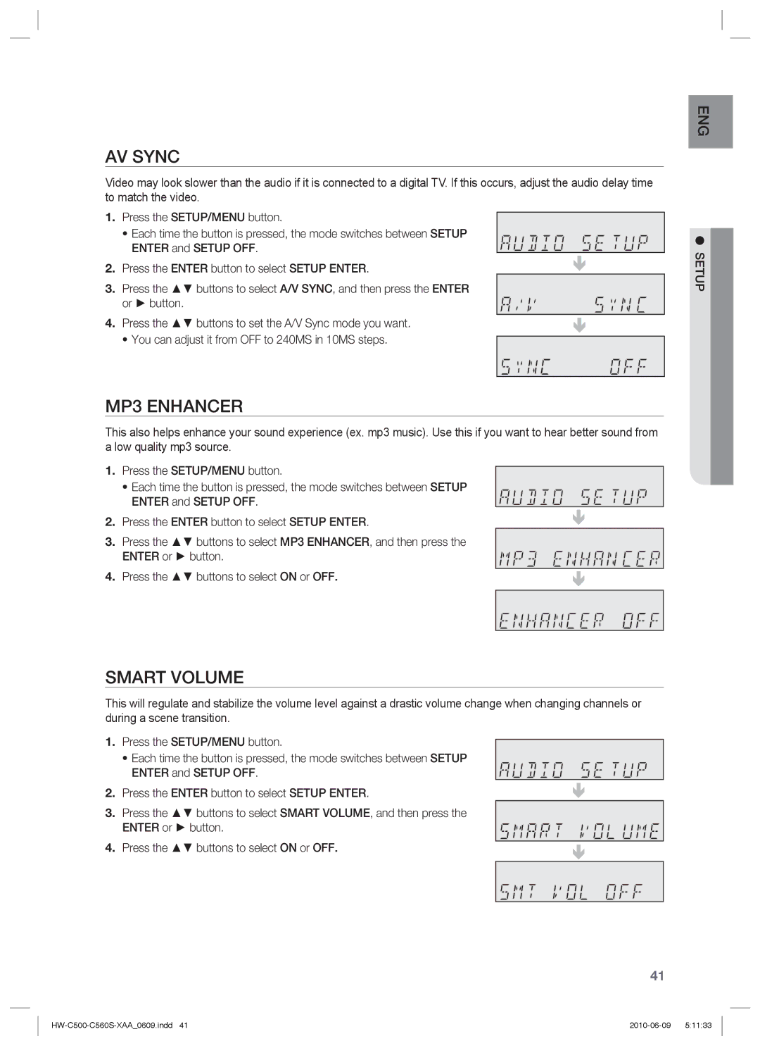 Samsung HW-C560S, HW-C500 user manual AV Sync, MP3 Enhancer, Smart Volume 