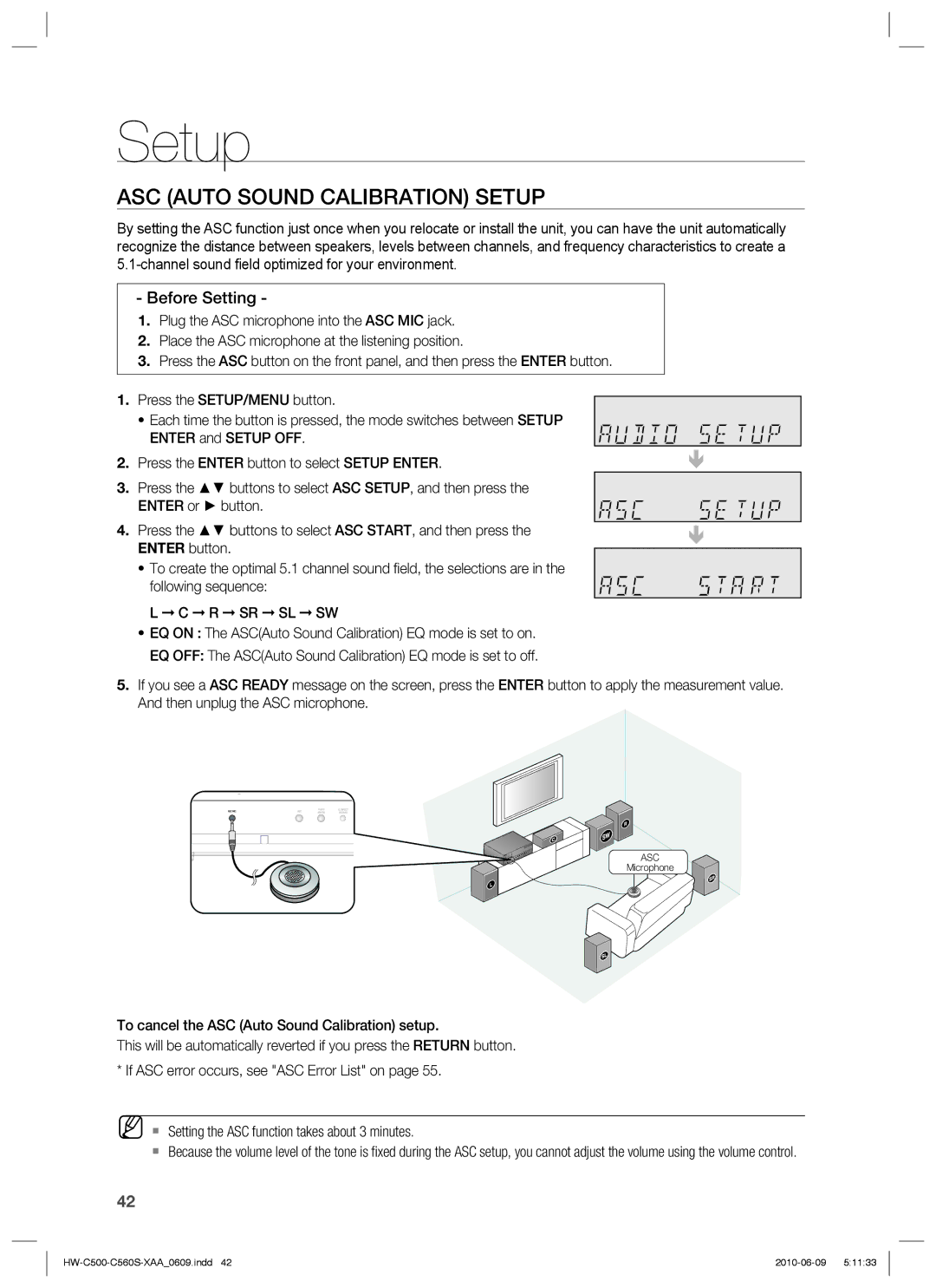 Samsung HW-C500, HW-C560S user manual ASC Auto Sound Calibration Setup, Before Setting 