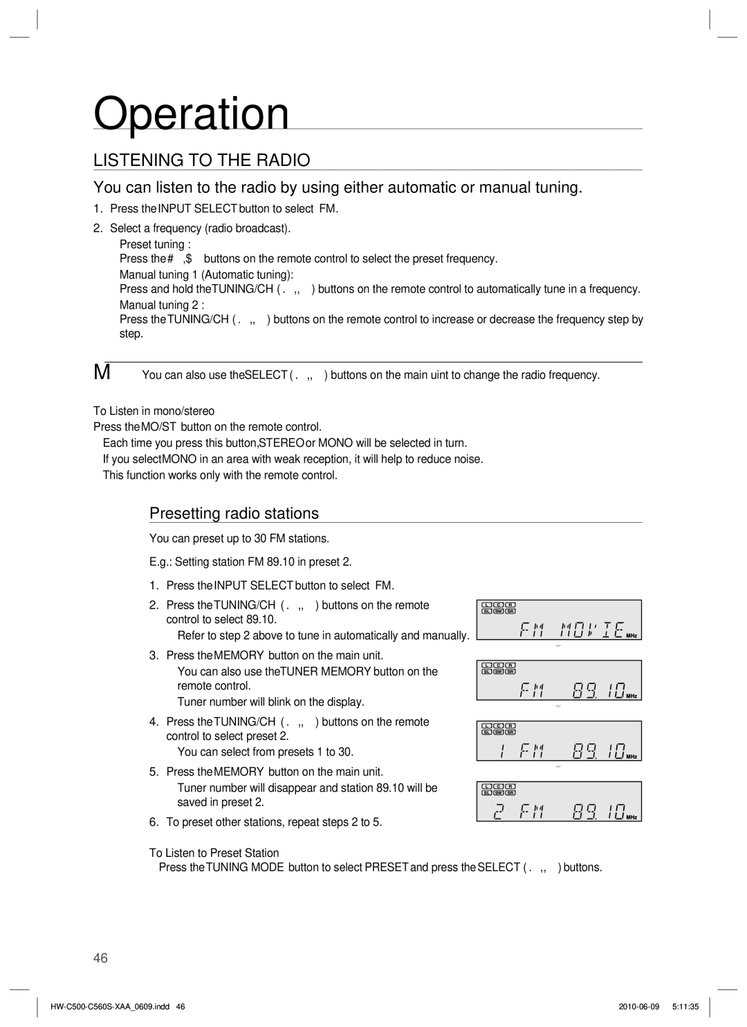 Samsung HW-C500, HW-C560S user manual Listening to the Radio, Presetting radio stations 