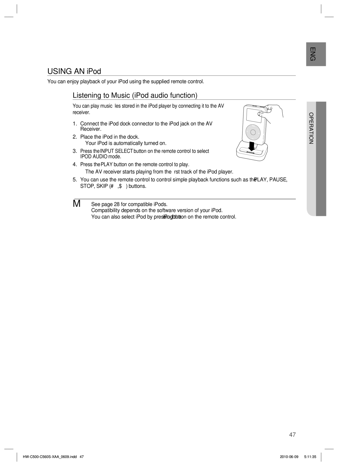 Samsung HW-C560S, HW-C500 user manual Using AN iPod, Listening to Music iPod audio function 