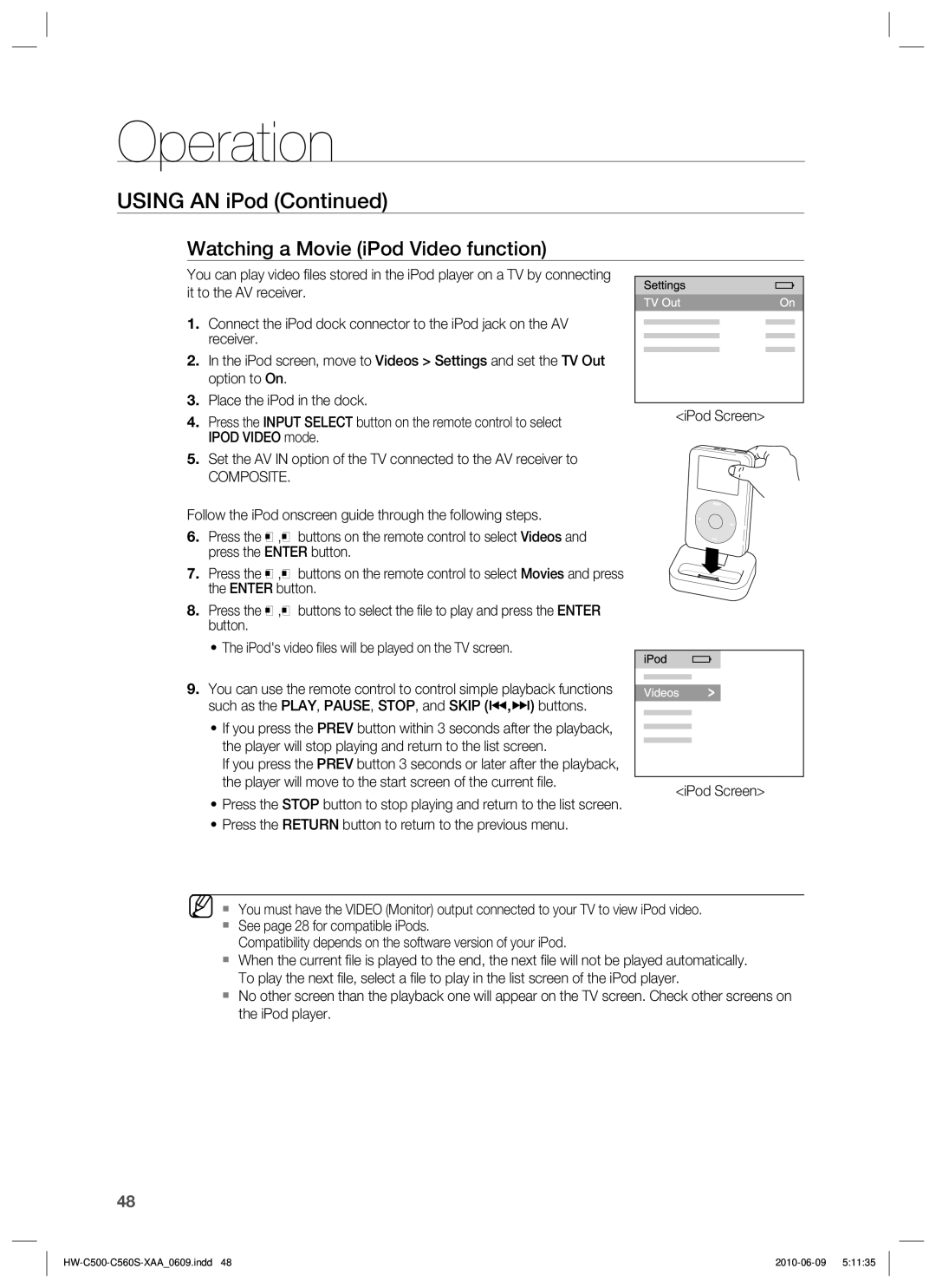 Samsung HW-C500, HW-C560S user manual Watching a Movie iPod Video function, Composite 