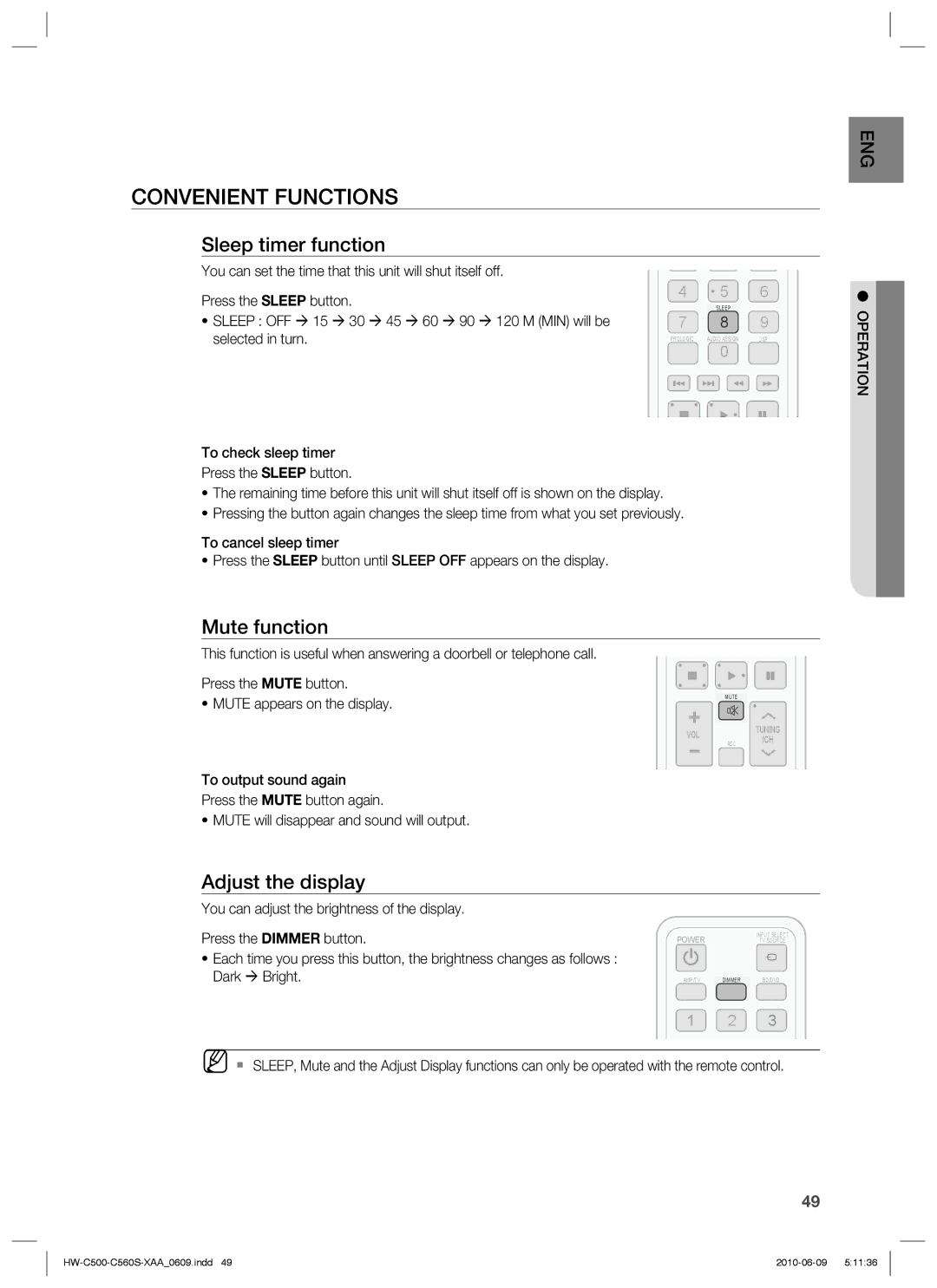 Samsung HW-C560S, HW-C500 user manual Convenient Functions, Sleep timer function, Mute function, Adjust the display 