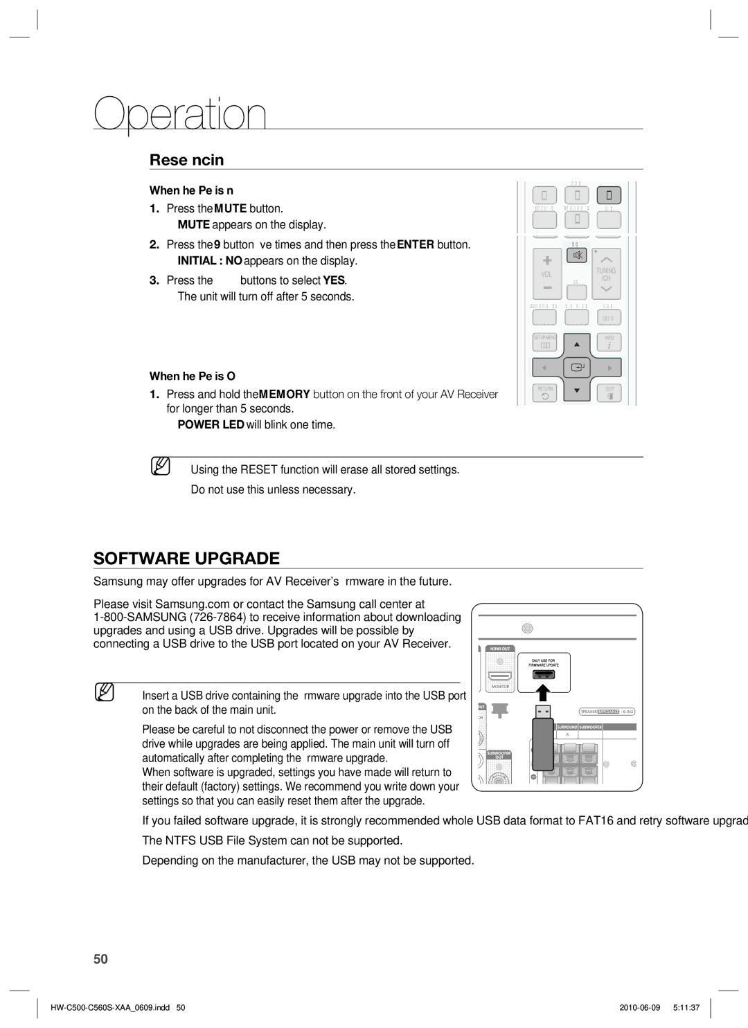 Samsung HW-C500, HW-C560S user manual Software Upgrade, Reset function, When the Power is Off 