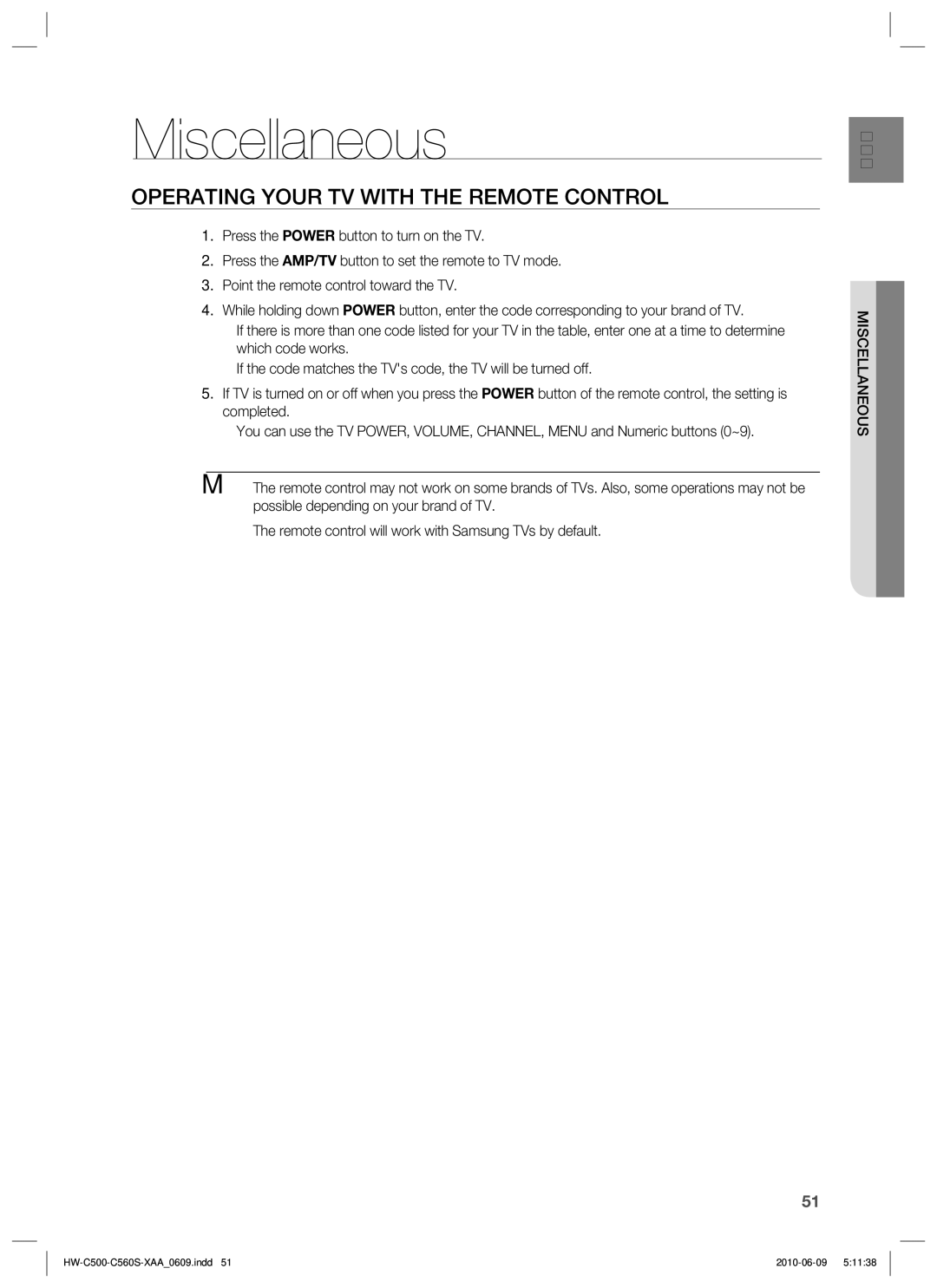 Samsung HW-C560S, HW-C500 user manual Miscellaneous, Operating Your TV with the Remote Control 