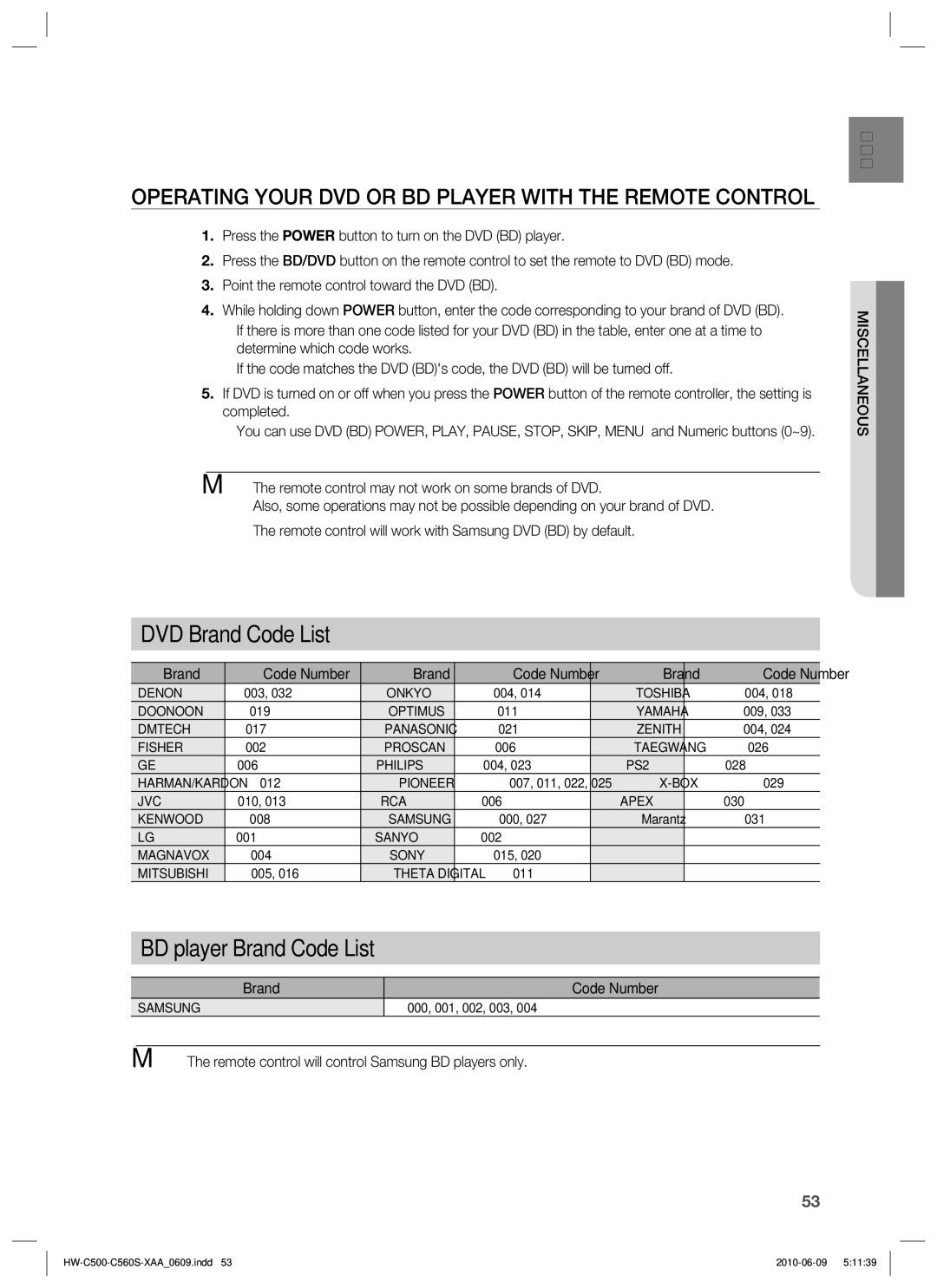 Samsung HW-C560S, HW-C500 user manual Operating Your DVD or BD Player with the Remote Control 