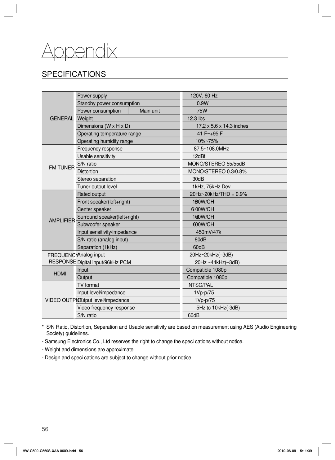 Samsung HW-C500, HW-C560S user manual Appendix, Specifications, Ntsc/Pal 