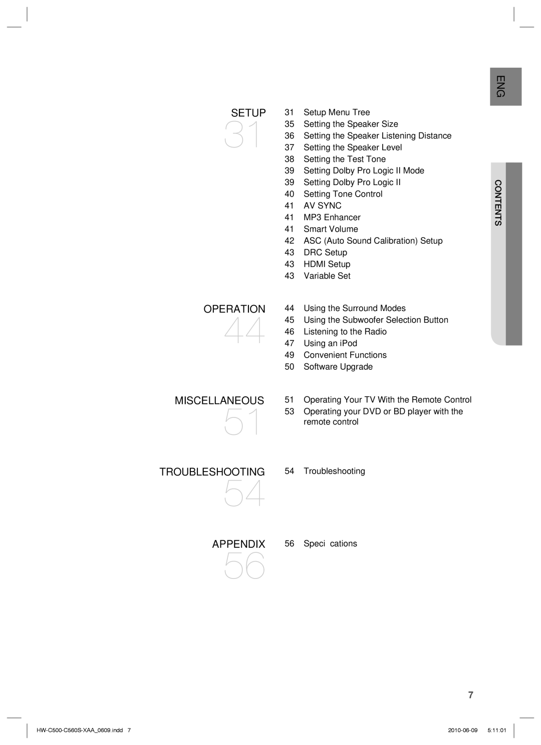 Samsung HW-C560S, HW-C500 user manual AV Sync, Contents 