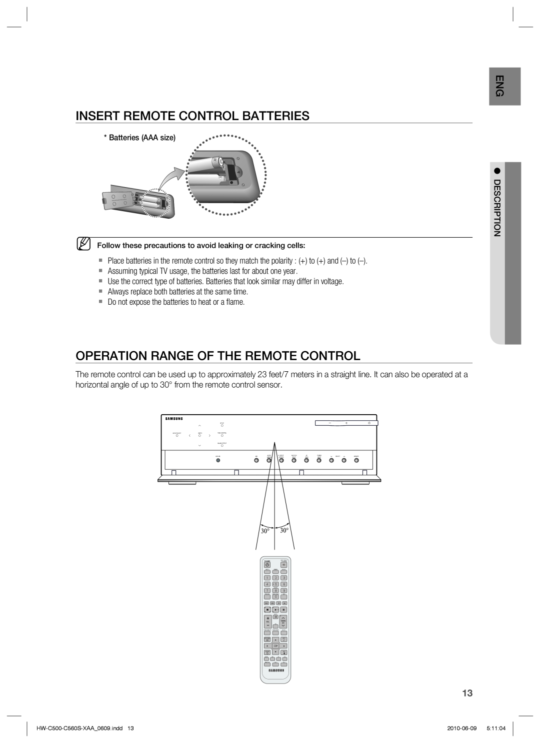 Samsung HW-C560S, HW-C500 user manual Insert Remote Control Batteries, Operation Range Of The Remote Control 