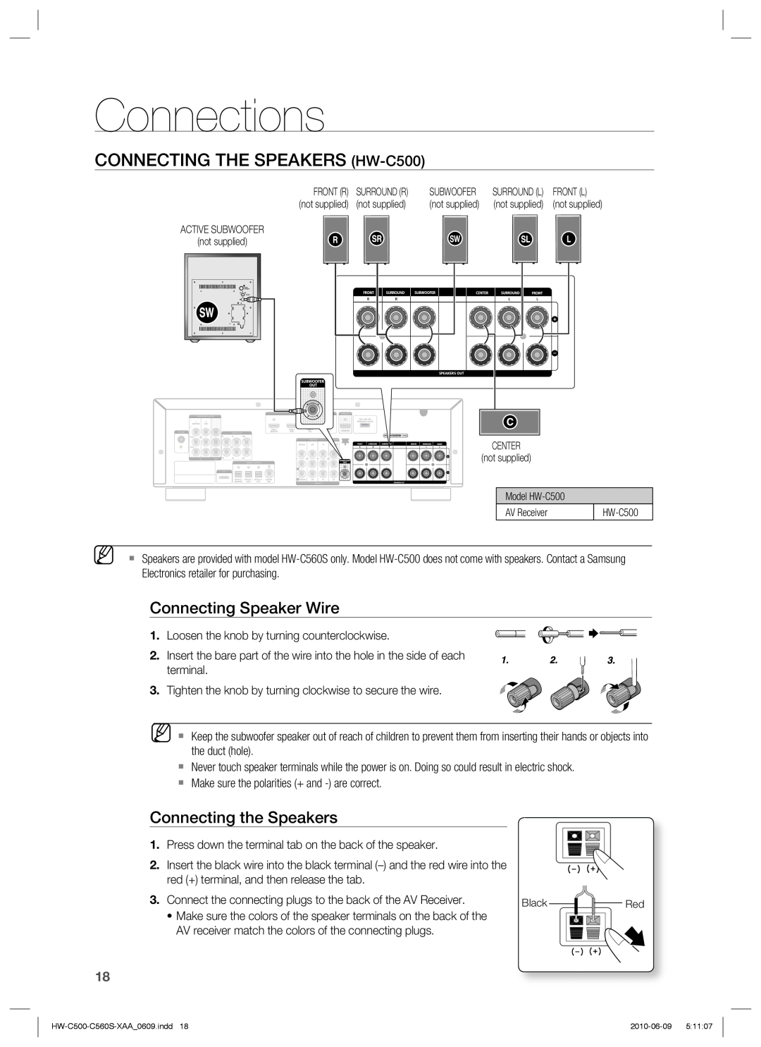 Samsung HW-C560S CONNECTING THE SPEAKERS HW-C500, Connecting Speaker Wire, Connecting the Speakers, Connections 