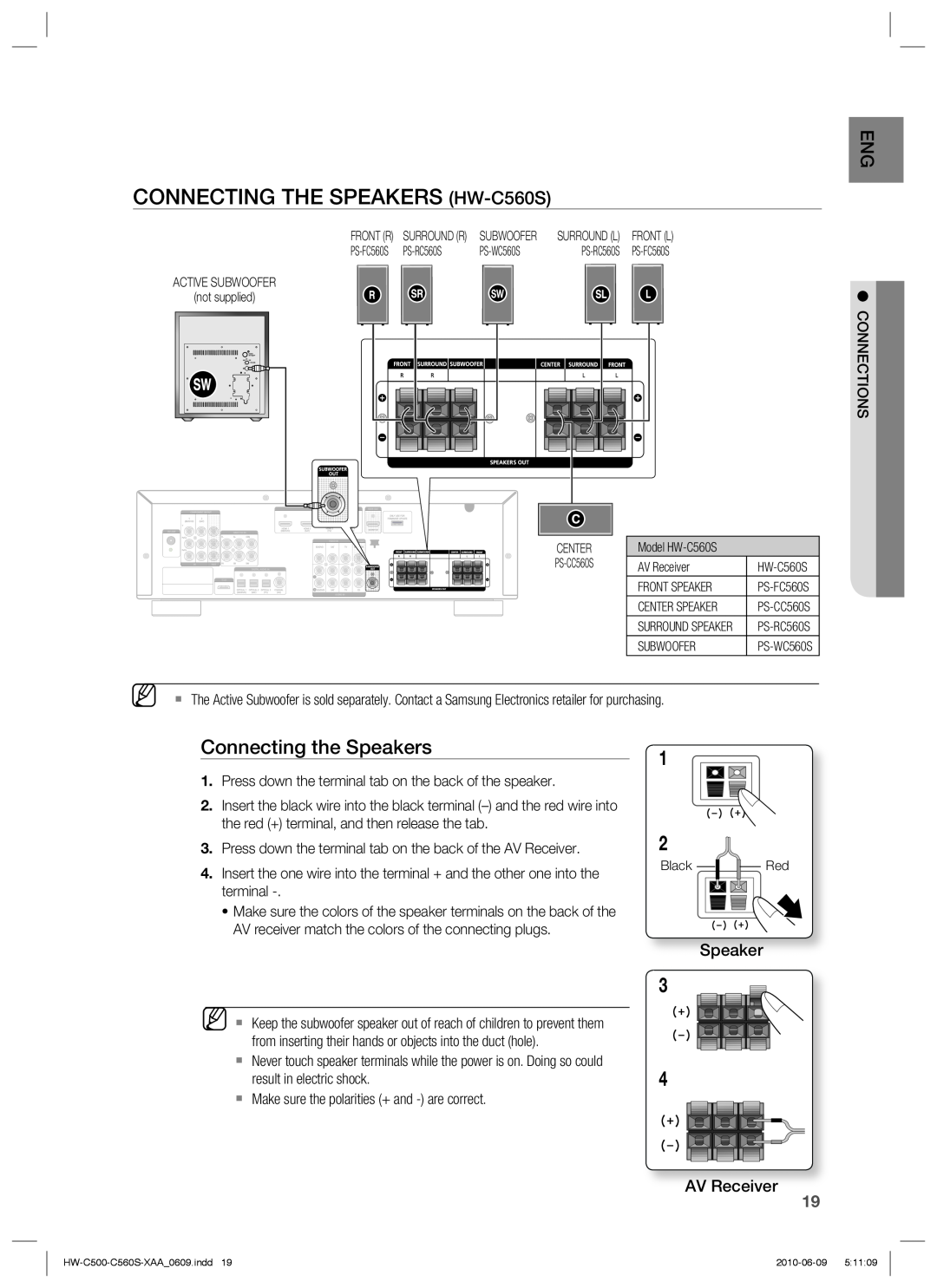 Samsung HW-C500 user manual CONNECTING THE SPEAKERS HW-C560S, Connecting the Speakers, AV Receiver 