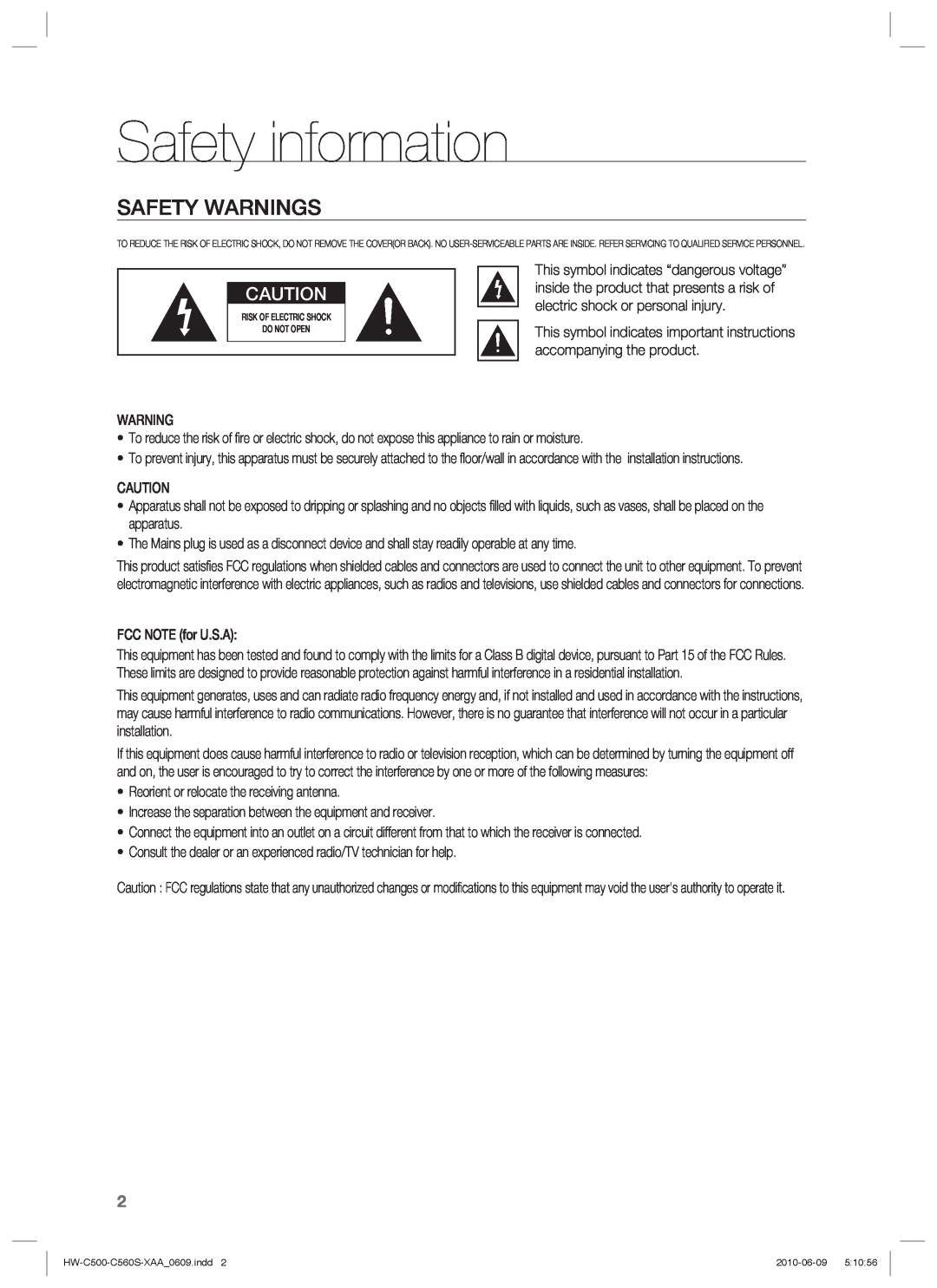 Samsung HW-C500, HW-C560S user manual Safety information, Safety Warnings 