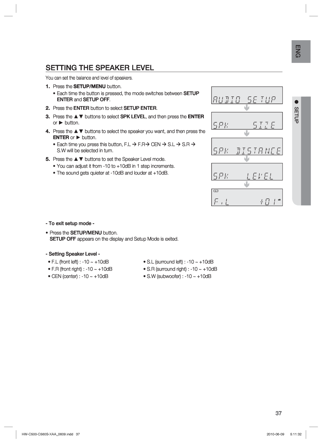 Samsung HW-C560S, HW-C500 user manual Setting The Speaker Level 