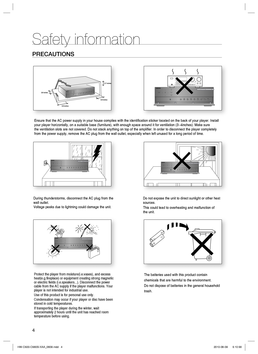 Samsung HW-C500, HW-C560S user manual Precautions, Safety information 