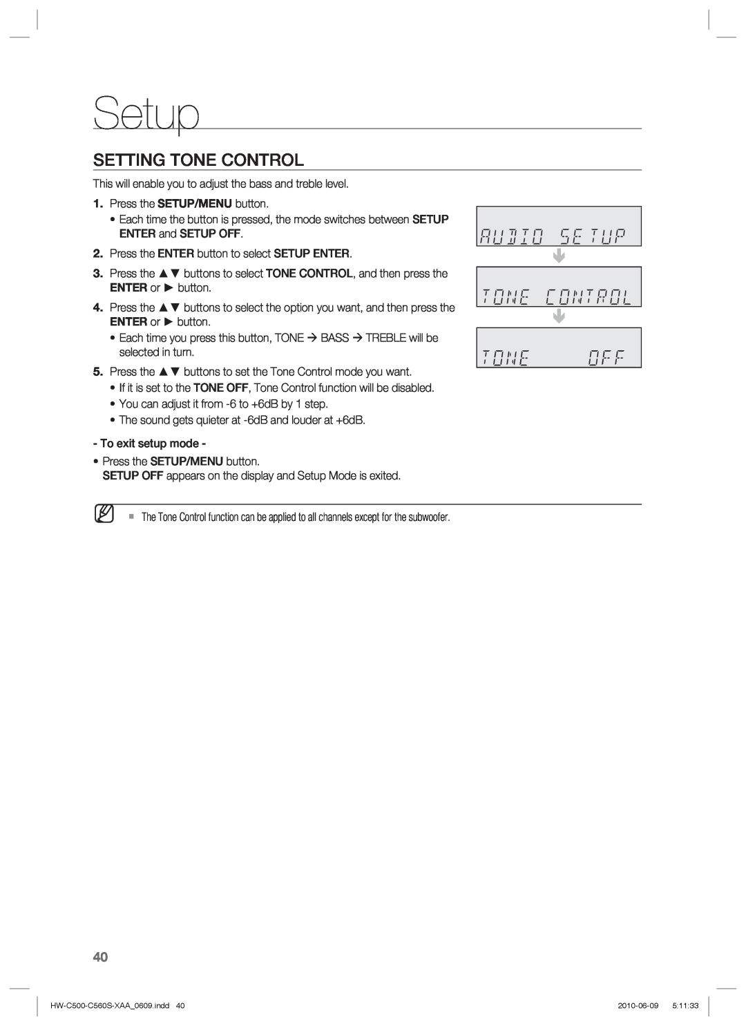 Samsung HW-C500, HW-C560S user manual Setting Tone Control, Setup 