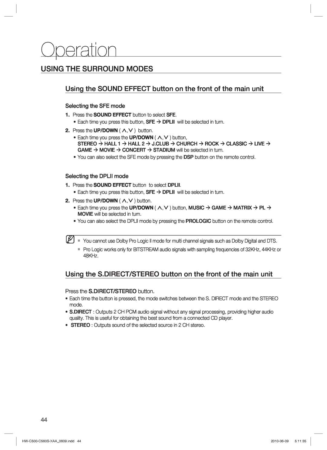 Samsung HW-C500, HW-C560S user manual Operation, Using The Surround Modes 