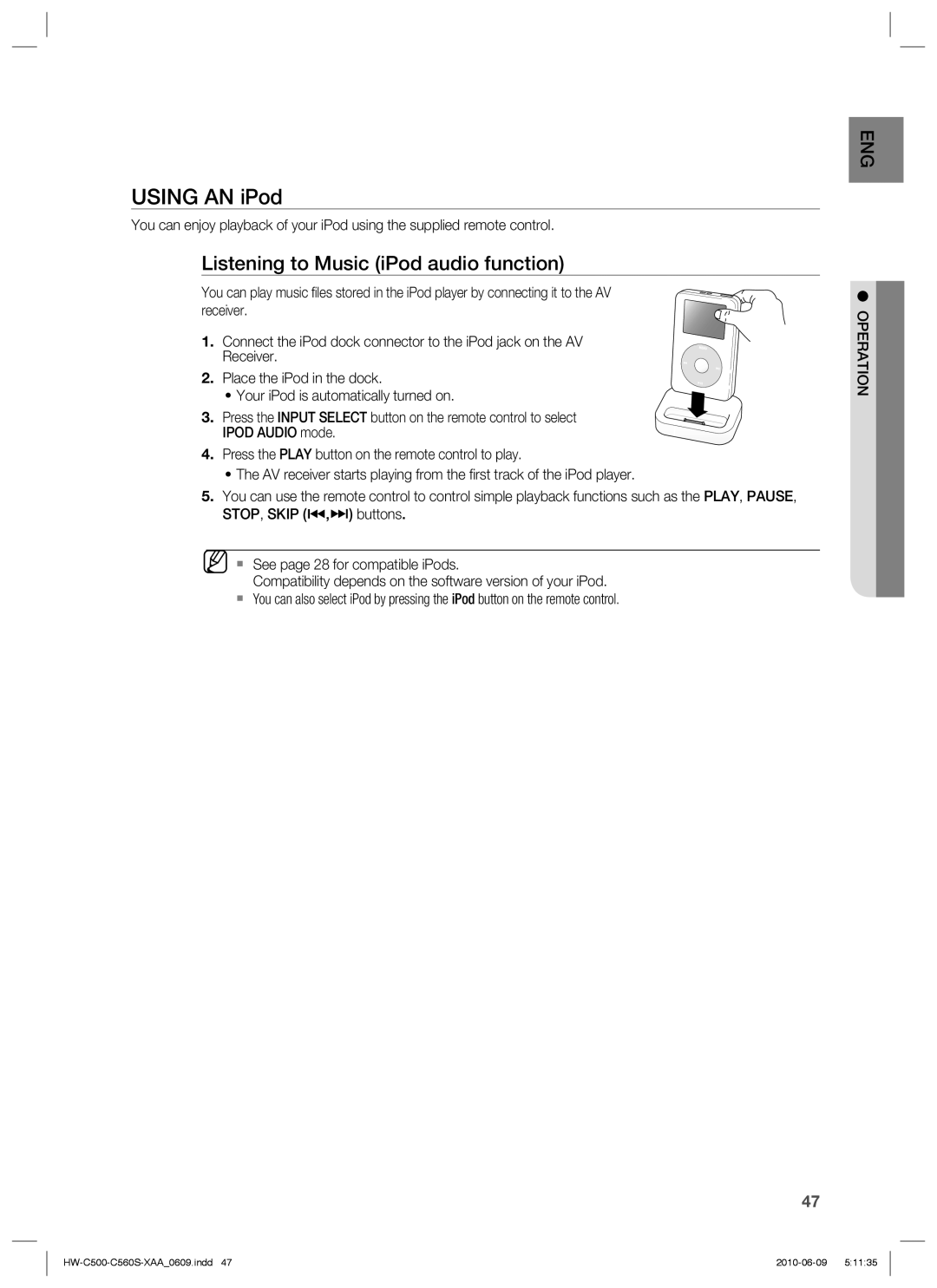 Samsung HW-C560S, HW-C500 user manual USING AN iPod, Listening to Music iPod audio function 