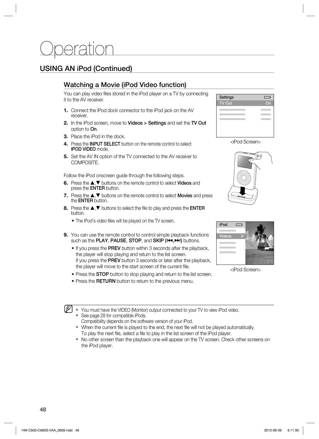 Samsung HW-C500, HW-C560S user manual USING AN iPod Continued, Watching a Movie iPod Video function, Operation 