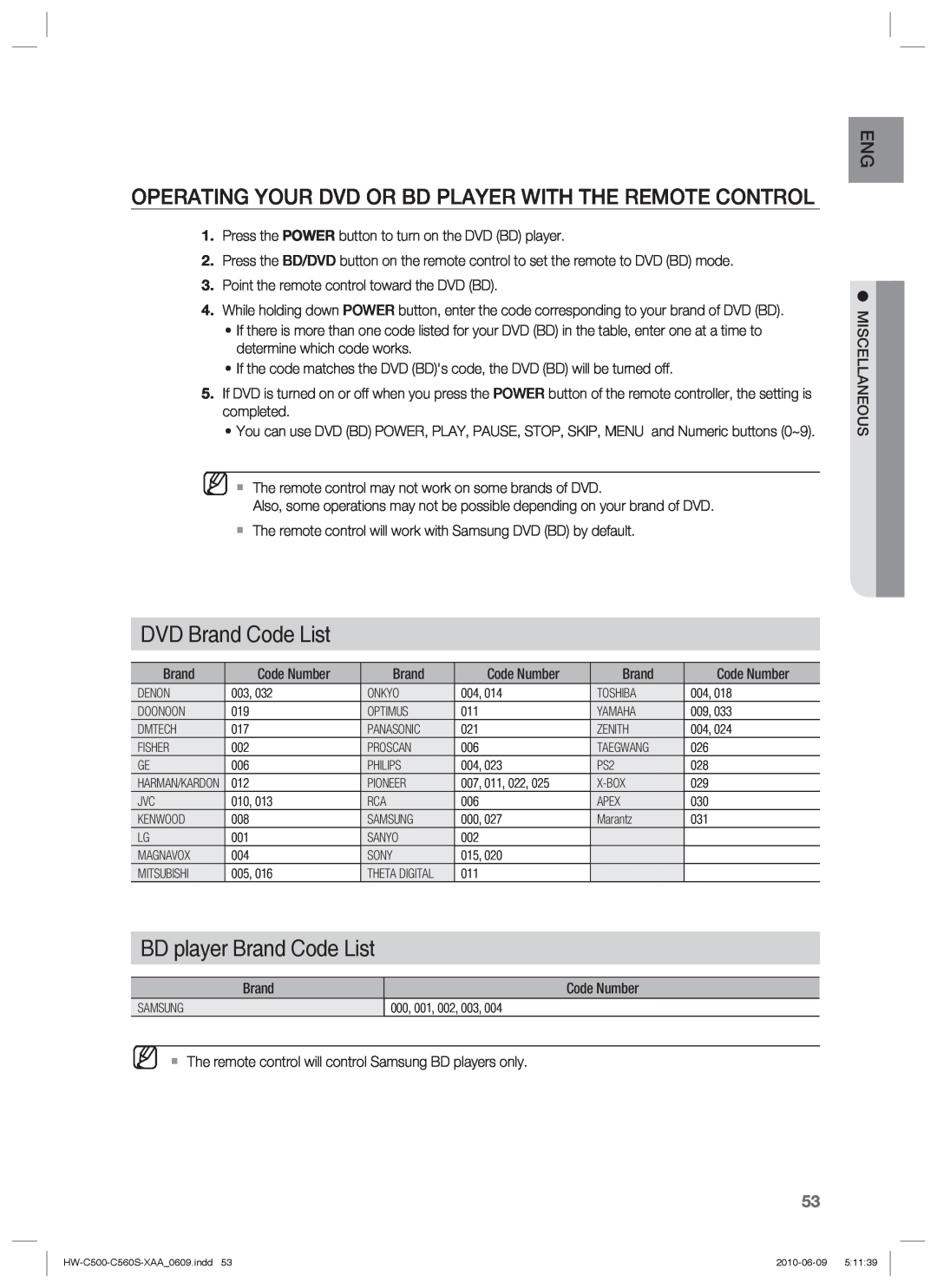 Samsung HW-C560S, HW-C500 user manual DVD Brand Code List, BD player Brand Code List 