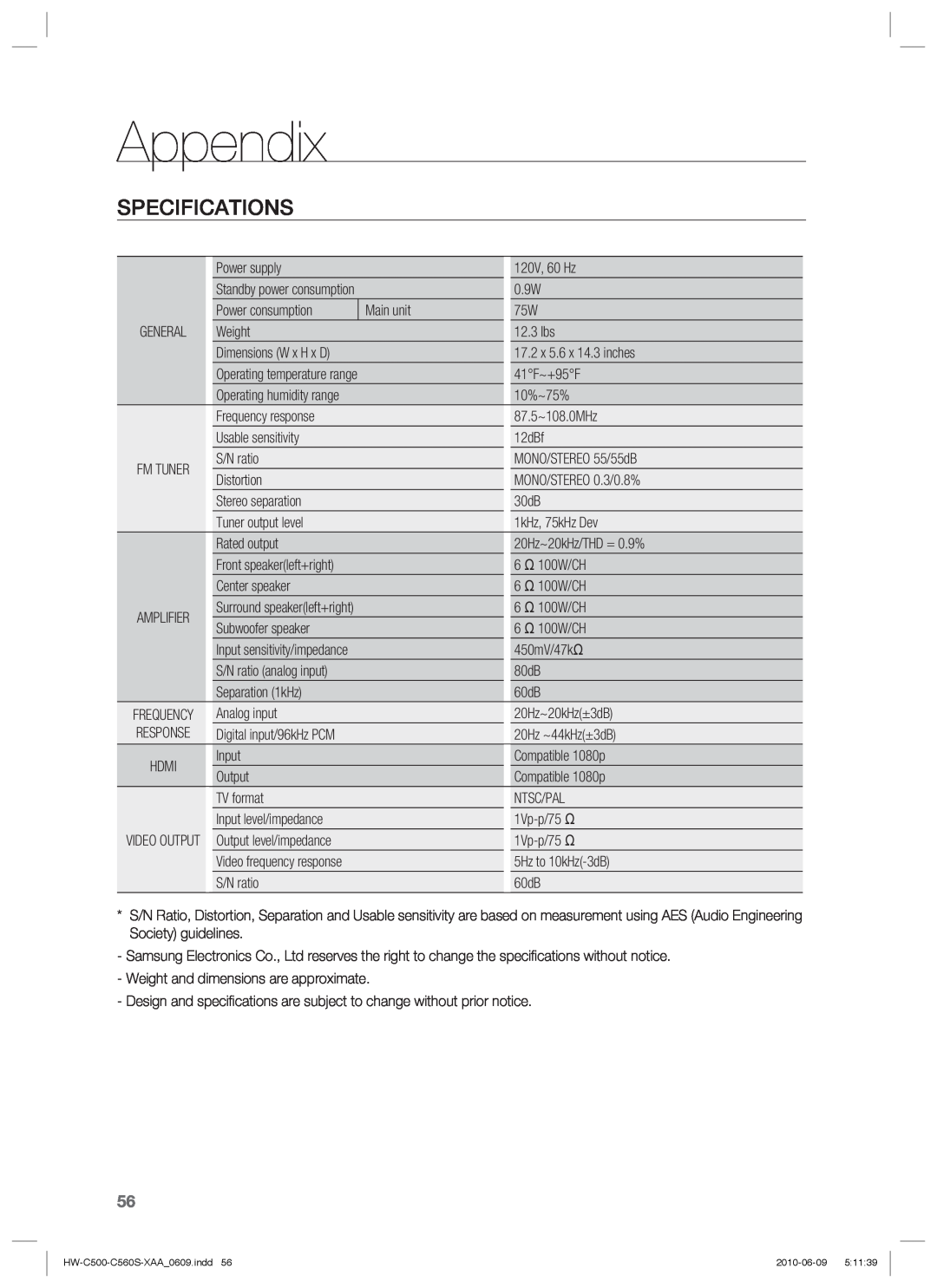 Samsung HW-C500, HW-C560S user manual Appendix, Specifications 