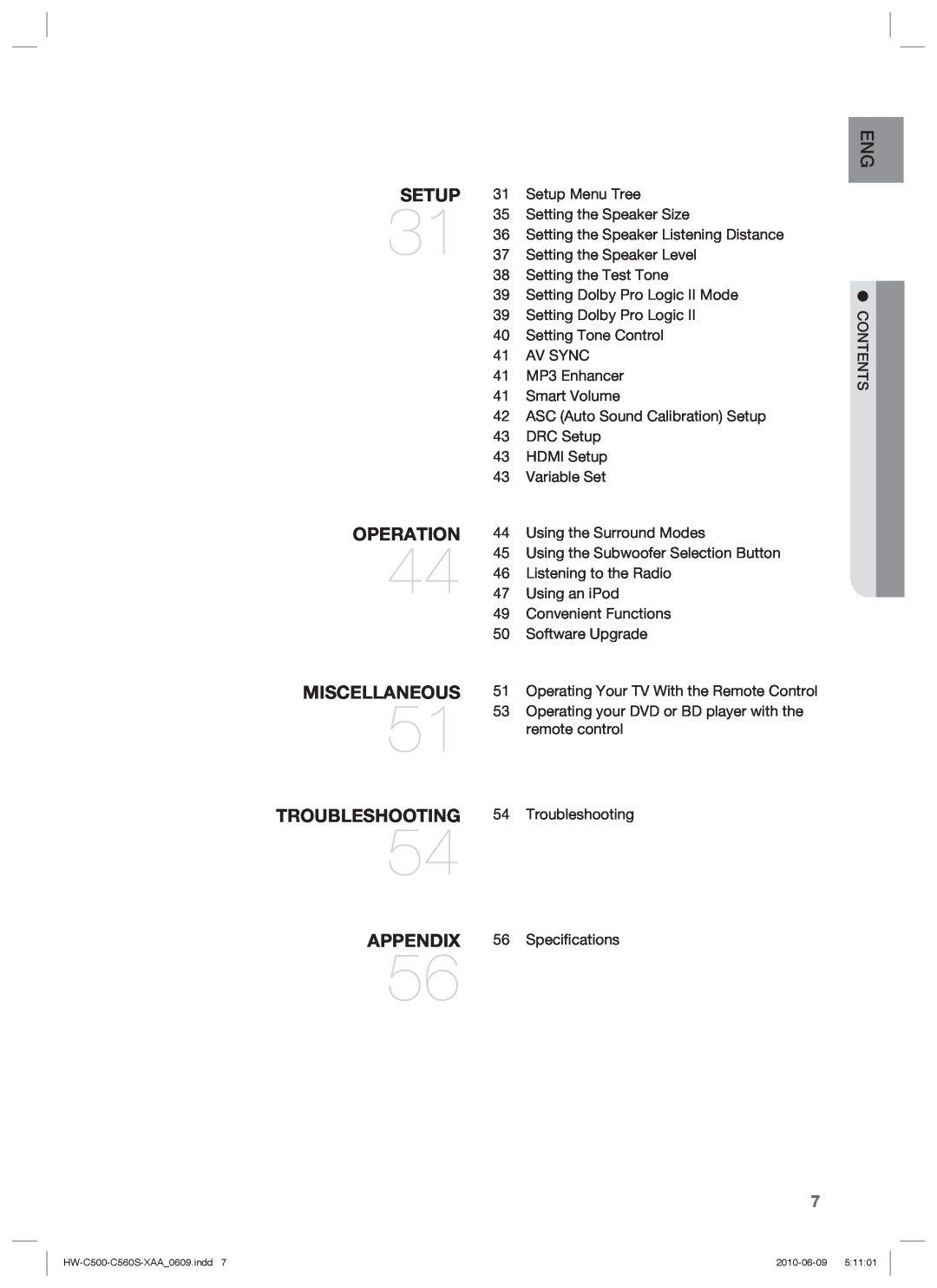 Samsung HW-C560S, HW-C500 user manual Setup, Miscellaneous, Troubleshooting, Appendix, Operation 