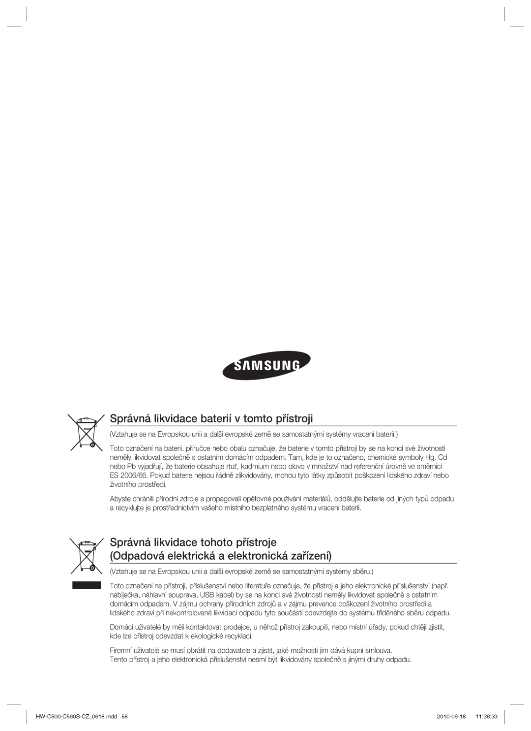 Samsung HW-C500/XEE, HW-C560S/EDC, HW-C500/EDC, HW-C500/XEF manual Správná likvidace baterií v tomto přístroji 