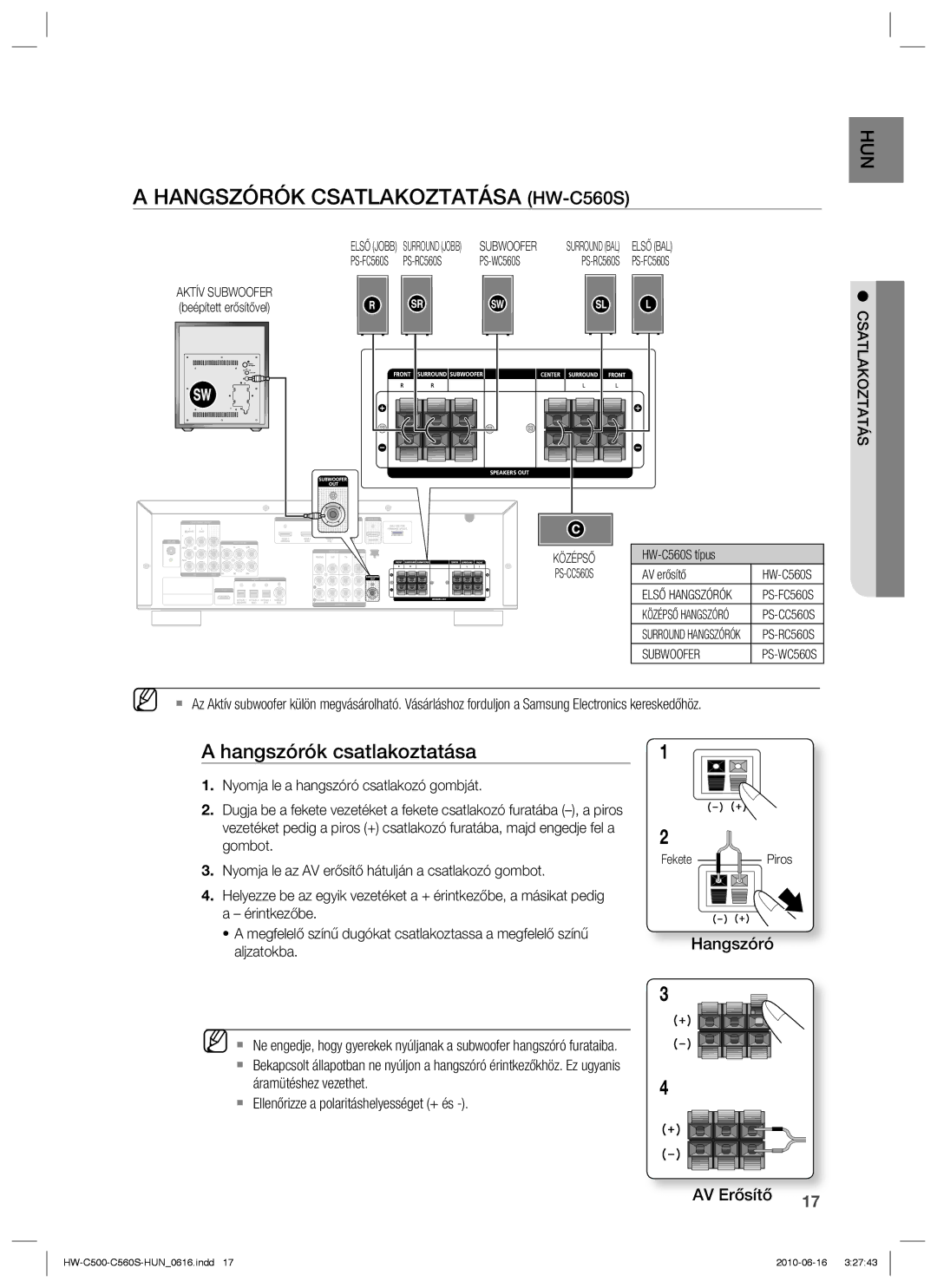 Samsung HW-C500/EDC, HW-C560S/EDC, HW-C560S/XEE, HW-C500/XEE manual Hangszórók Csatlakoztatása HW-C560S 