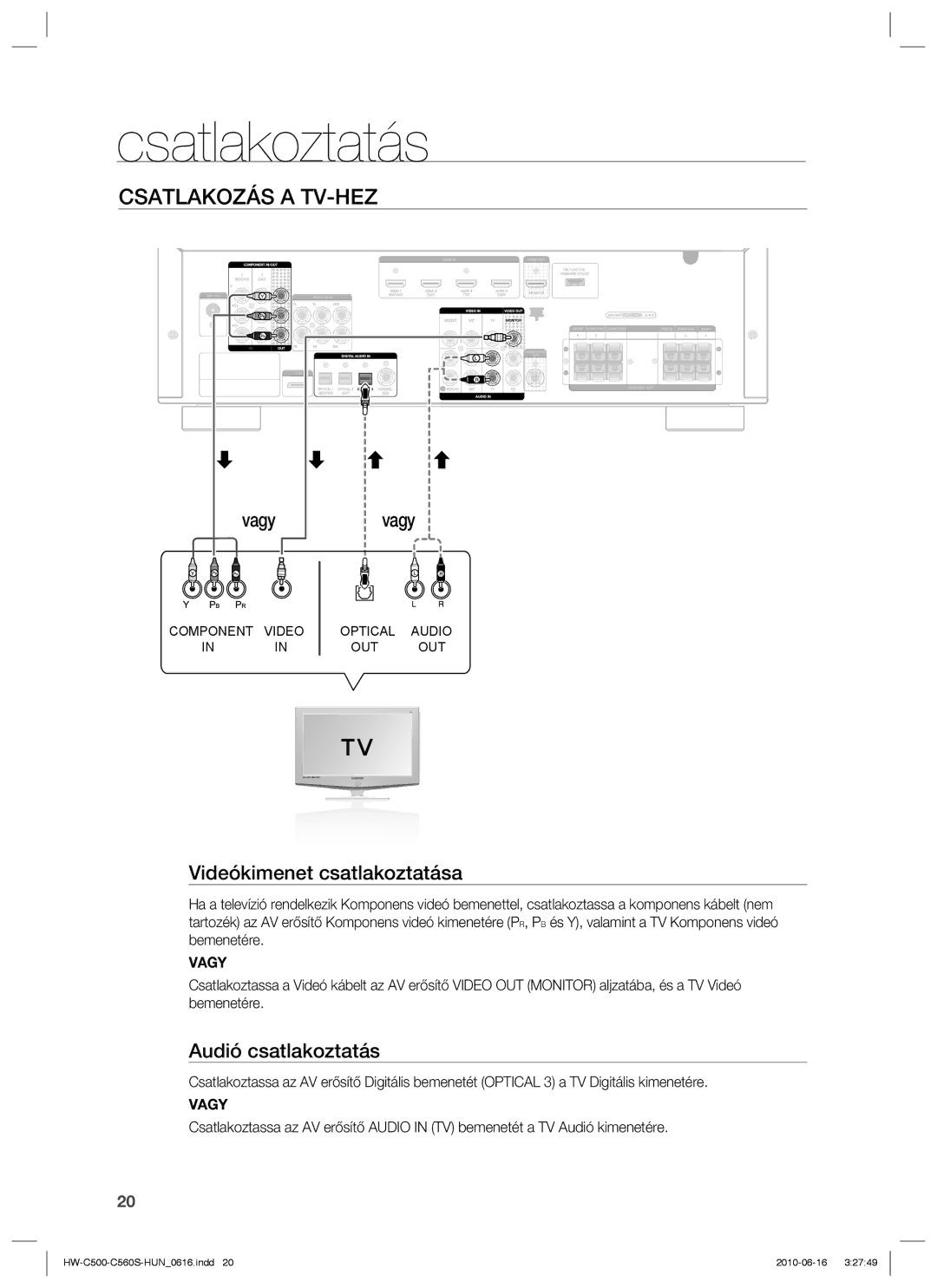 Samsung HW-C560S/EDC, HW-C500/EDC, HW-C560S/XEE Csatlakozás a TV-HEZ, Videókimenet csatlakoztatása, Audió csatlakoztatás 