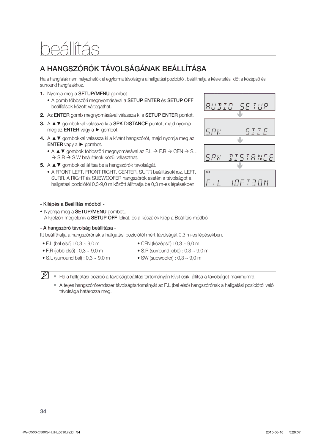 Samsung HW-C560S/XEE, HW-C560S/EDC, HW-C500/EDC, HW-C500/XEE manual Hangszórók Távolságának Beállítása 