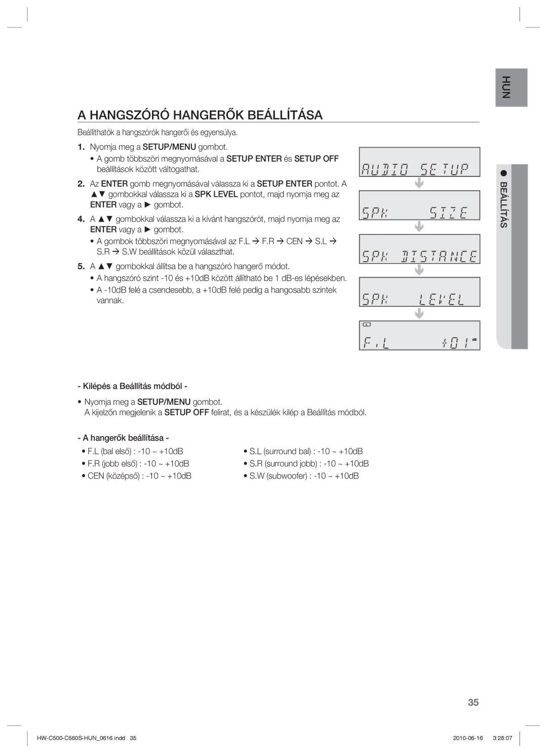 Samsung HW-C500/XEE, HW-C560S/EDC, HW-C500/EDC, HW-C560S/XEE manual Hangszóró Hangerők Beállítása 