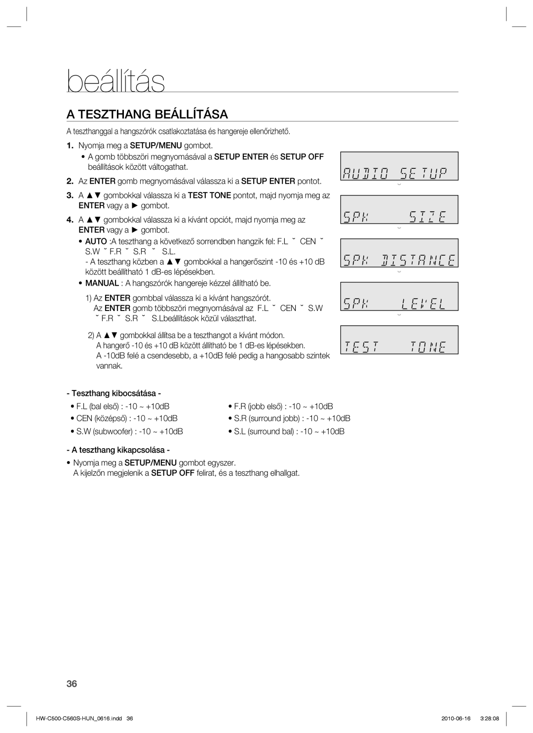 Samsung HW-C560S/EDC, HW-C500/EDC, HW-C560S/XEE, HW-C500/XEE manual Teszthang Beállítása 